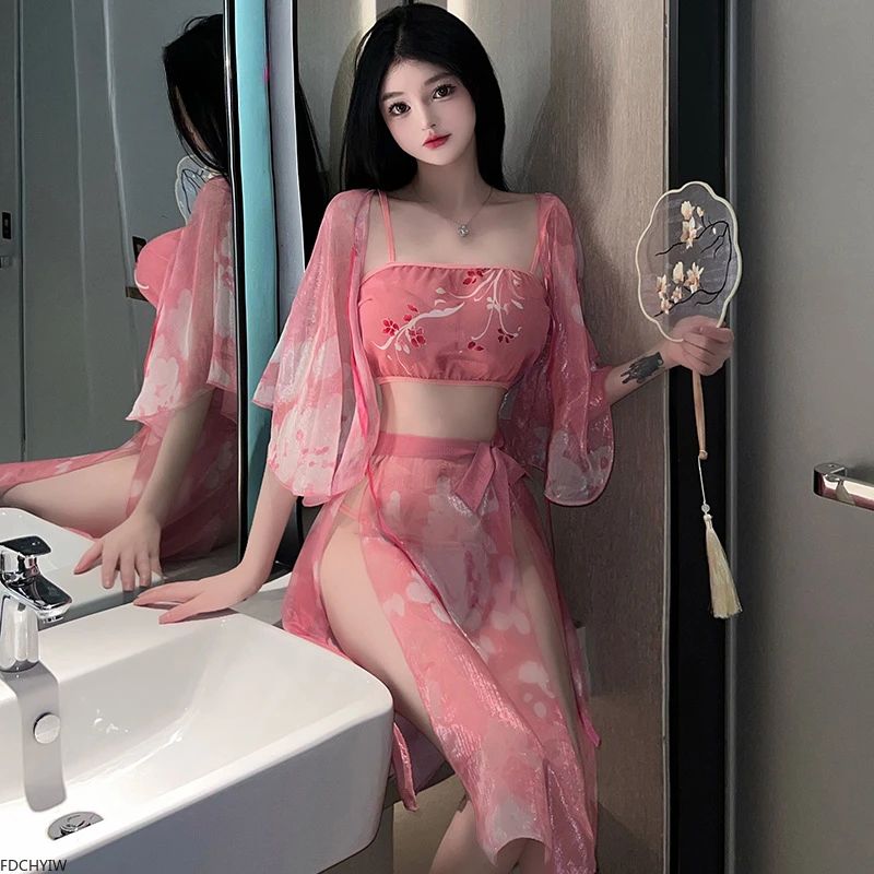 Hot Shawl Chinese Dress Temptation Pajamas Bandage Sexy Hanfu Skirt Women Lingerie High Split Skirt Cute Girls Ancient Costumes