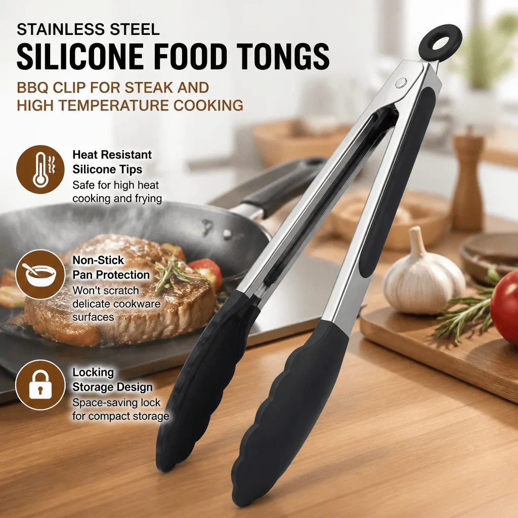 Silicone Food Tongs Heat Resistant Stainless Steel Cooking Clips Non Stick Kitchen BBQ Locking Tongs Barbecue Grill Accessories