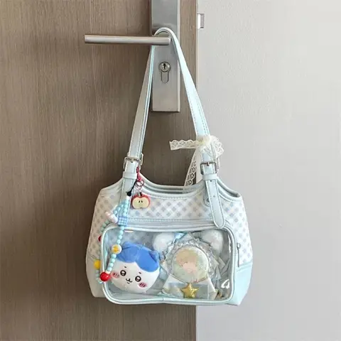 Женская большая сумка Blue Grid Itabag Прозрачная сумка Женская сумка Y2K Аксессуары Ita Bag Кожаные сумки Лолиты Женская сумка на плечо