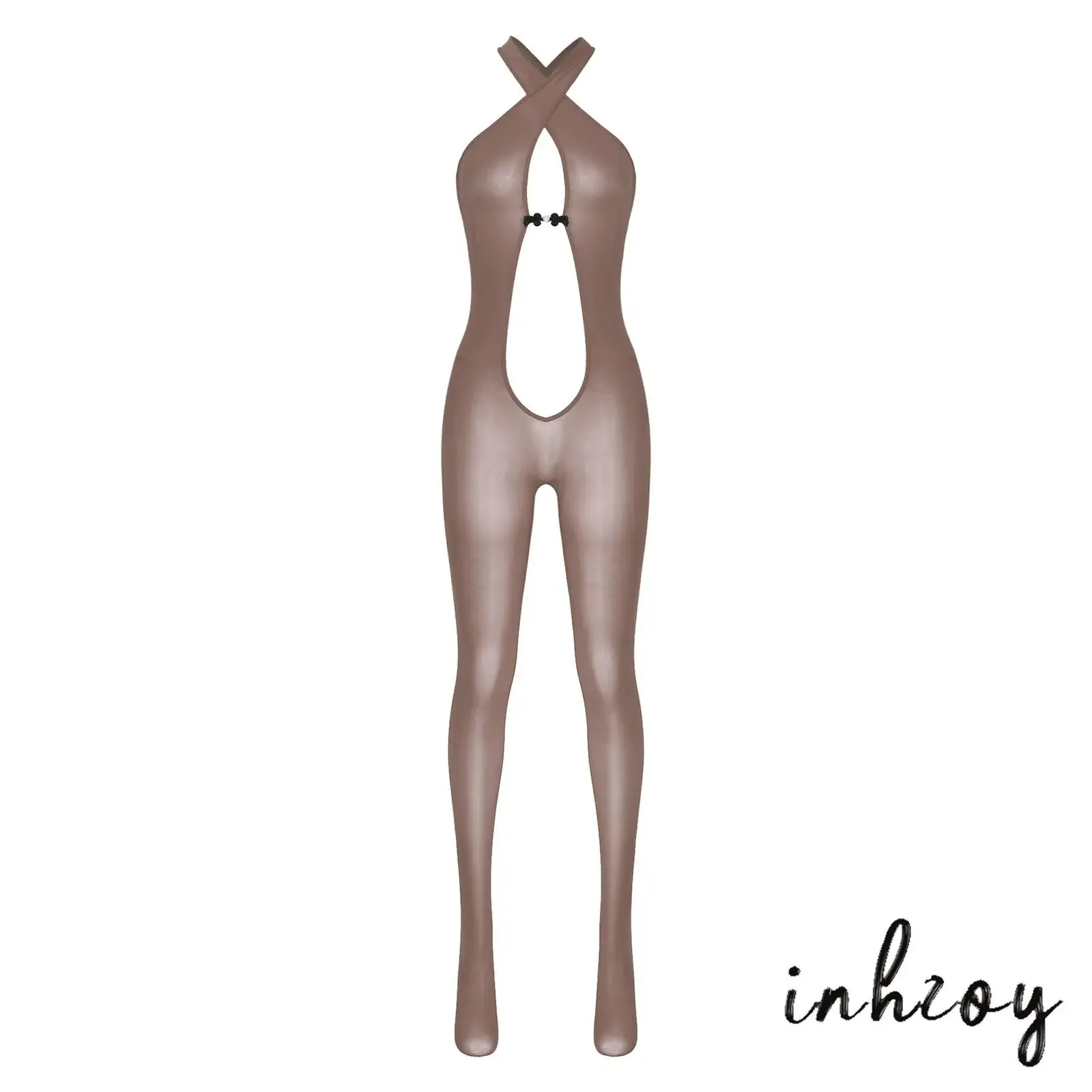 

Womens Sexy Glossy Bodysuit Plunging V Neck Sleeveless Backless Crossing Straps Footed Leggings Jumpsuit Seductive Nightwear