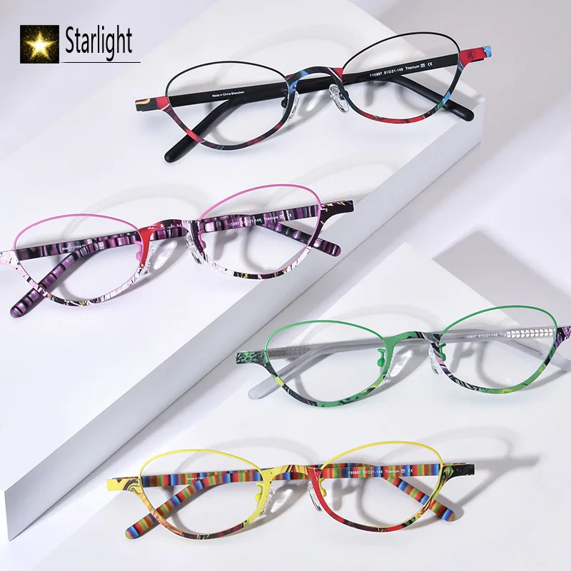 Montura de gafas de titanio puro para hombre y mujer, monturas de gafas de ojo de gato, ultraligeras, coloridas, de cara pequeña, para lectura óptica, miopía, 137mm