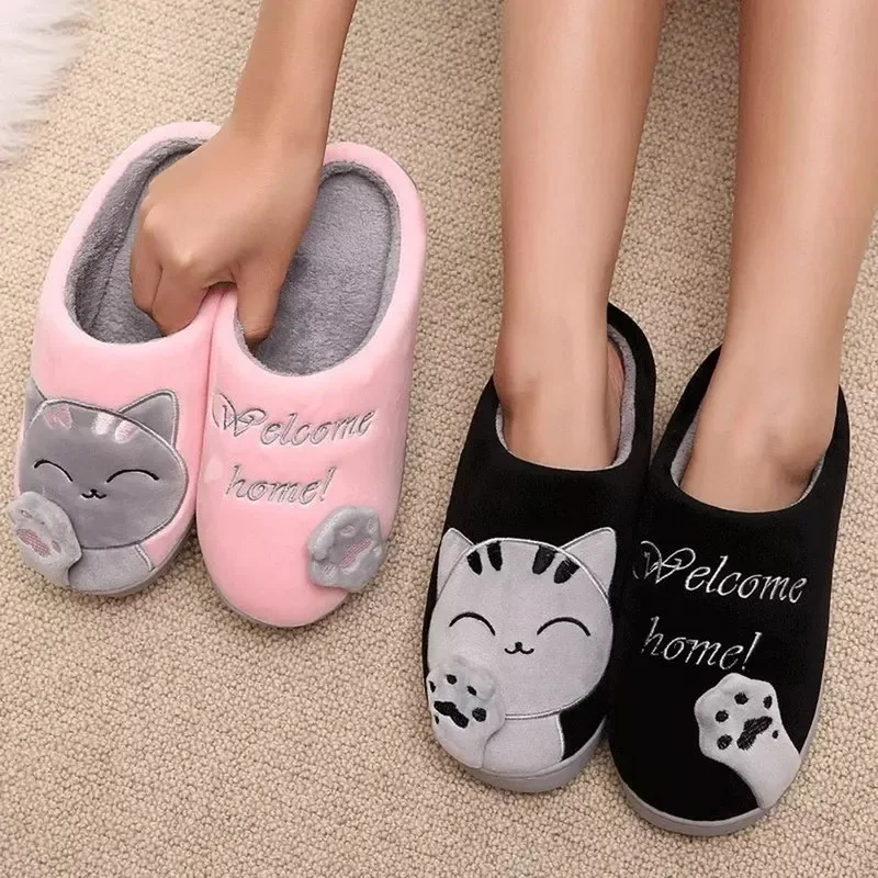 Couple Winter Home Slippers Women Shoes Cute Cartoon Cat Slippers Men Warm Plush Slides Indoor Bedroom Anti-Slip Floor Slipper