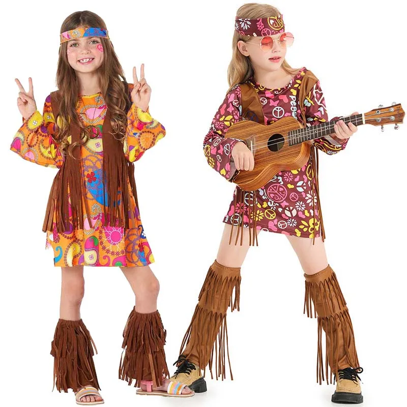 

Halloween Party Girl 1970s Peace Sign Kid Hippie Costume With Ankle Socks Headband