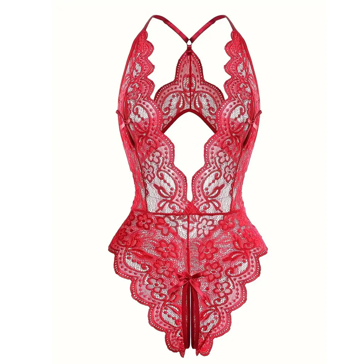 Sexy Crotchless Red Lingerie Women Lace Hollow Bodysuit Erotic Pajamas Teddy Babydoll Dress Deep V Open Bra Porn Underwear Set