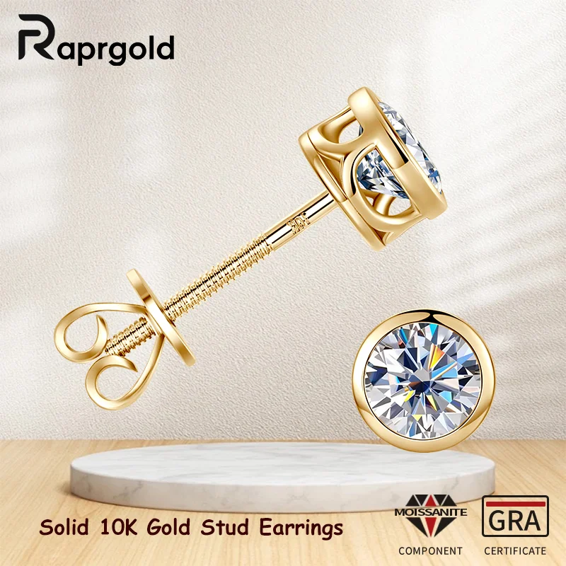 

RAPRGOLD Solid 10K Gold Bubble Stud Earrings for Women GRA Certified Round 5mm Moissanite Screw Piercing Earring Jewelry Gifts
