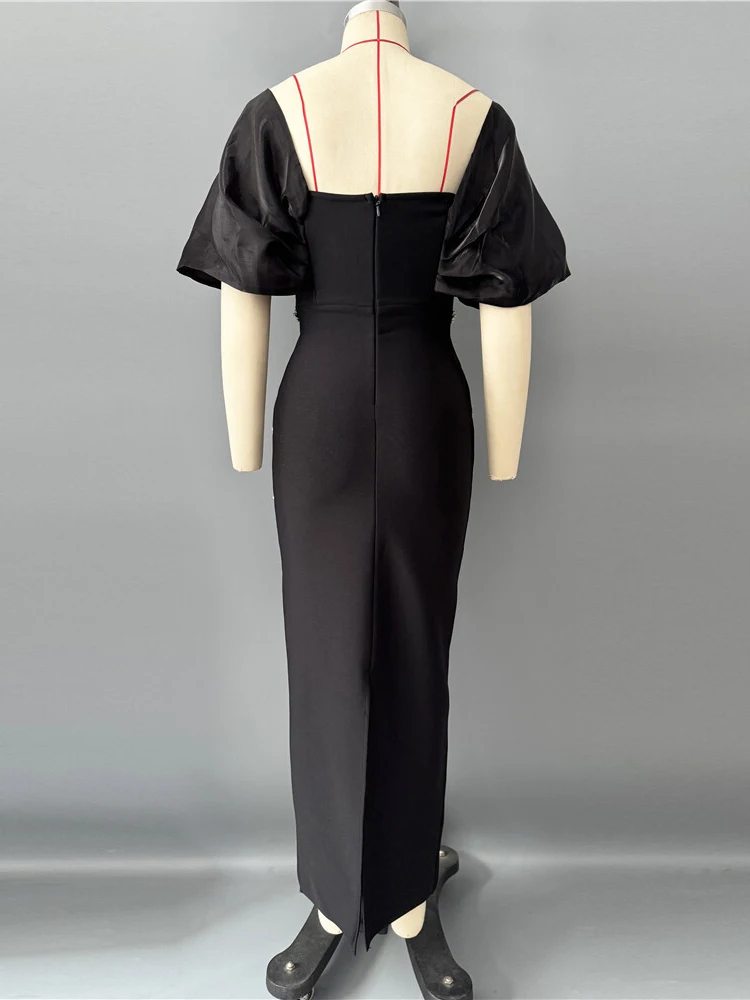 VC Retro Cocktail Party Charm Abito da sera aderente con maniche a sbuffo in raso nero con accenti di cristalli Abito lungo da gala
