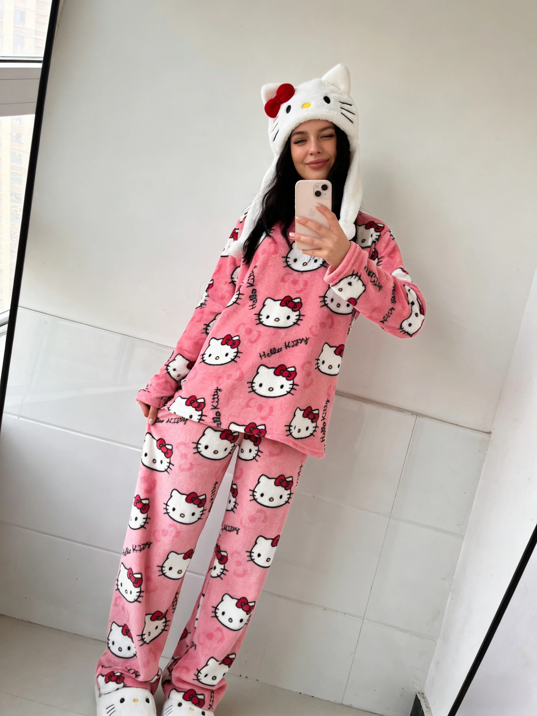 Hello Kitty Flannel Pajama Set, Peach Colored Loungewear, Y2K Anime Style, Festival Gift, Best Friend Outfit, Party Wear