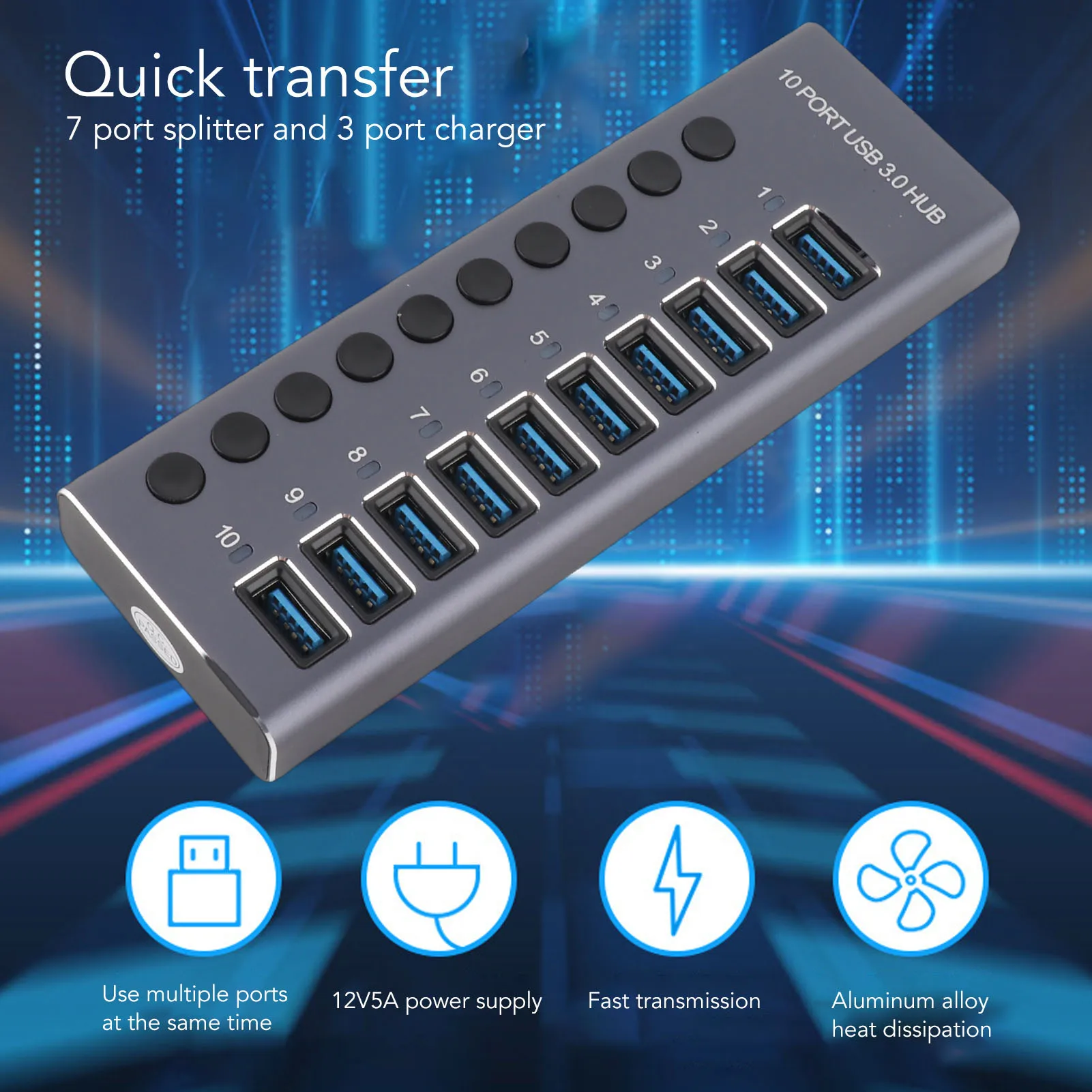 USB 3.0 Data Hub 10 Port Individual Switch USB Splitter with 60W Power Adapter for Laptop PC Game Console
