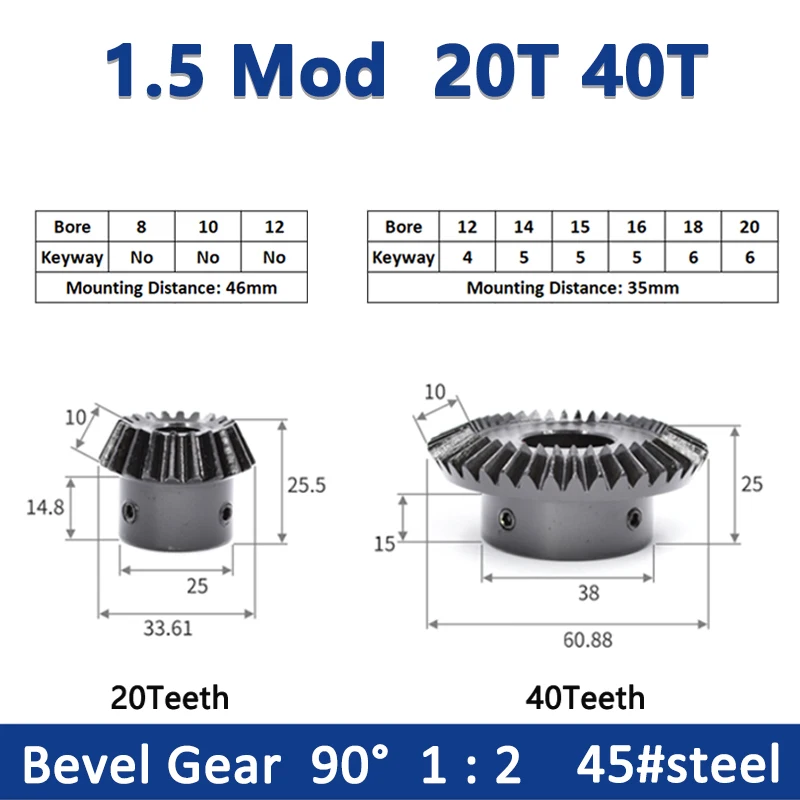 

1PCS 1:2 Bevel Gear 1.5M 20Teeth 40Teeth Bore 8/10/12/14/15/16/18/20mm Gear 90 Degrees Meshing Angle Steel Gears 45# Steel