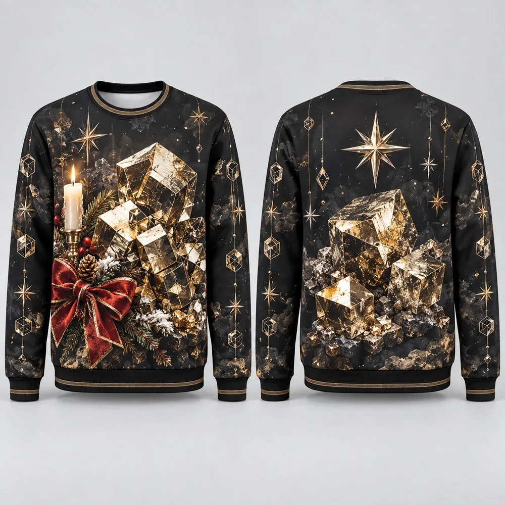 Funny Crystal Gallery Sweaters Frame Xmas Mineral Displays in an Ugly Christmas Sweater Design with Gem Facets and Gift Ribbon