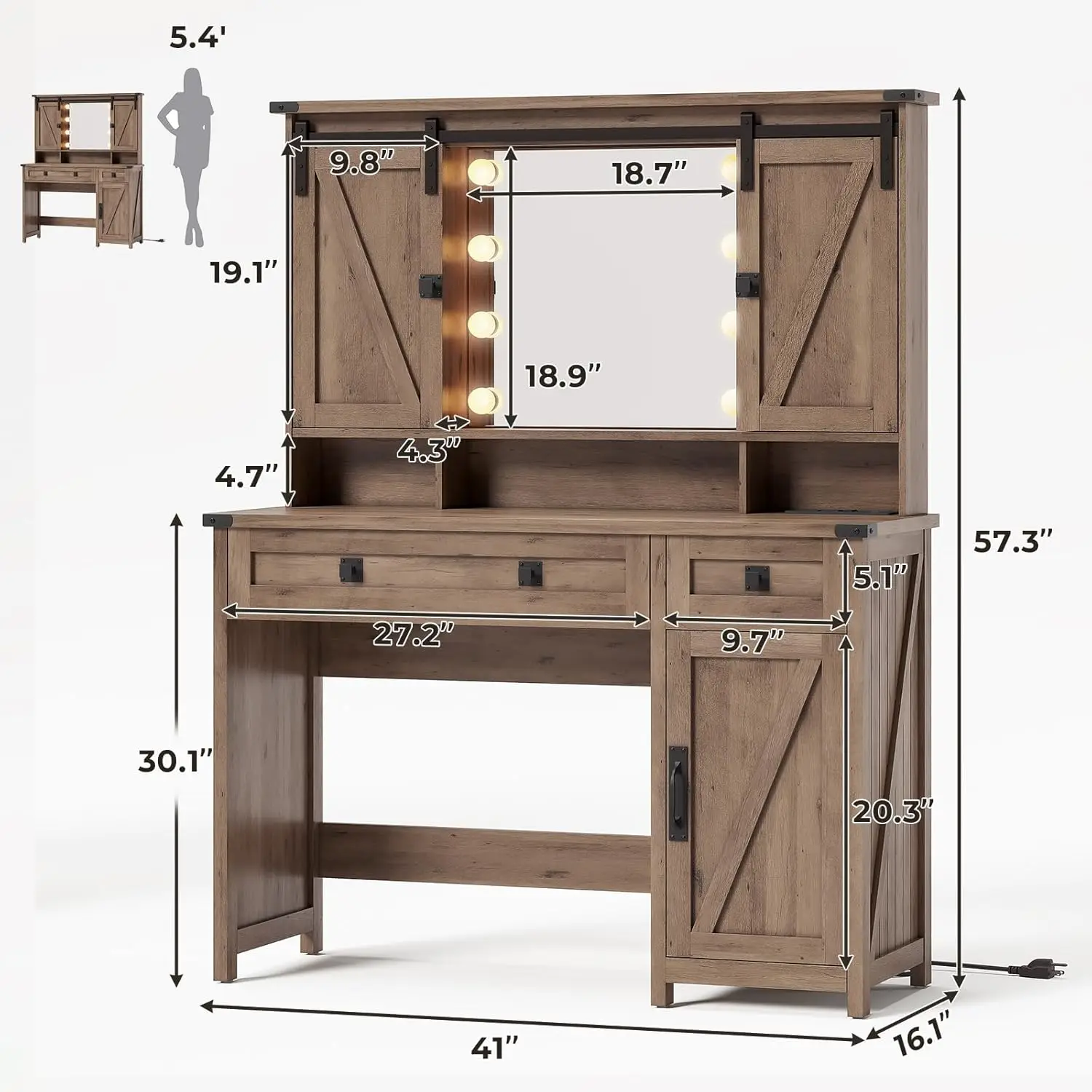 Farmhouse Bedroom Vanity Desk in Rustic Oak, with Sliding Door, Charging Station and Ample Storage view 2