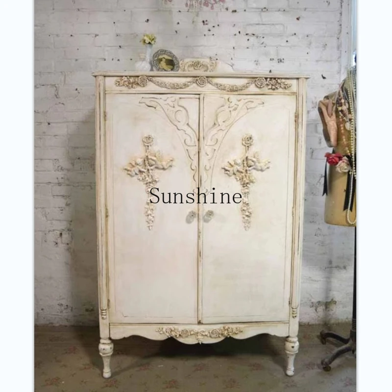 

French old solid wood carving flower children's cabinet double door wardrobe multi-functional storage