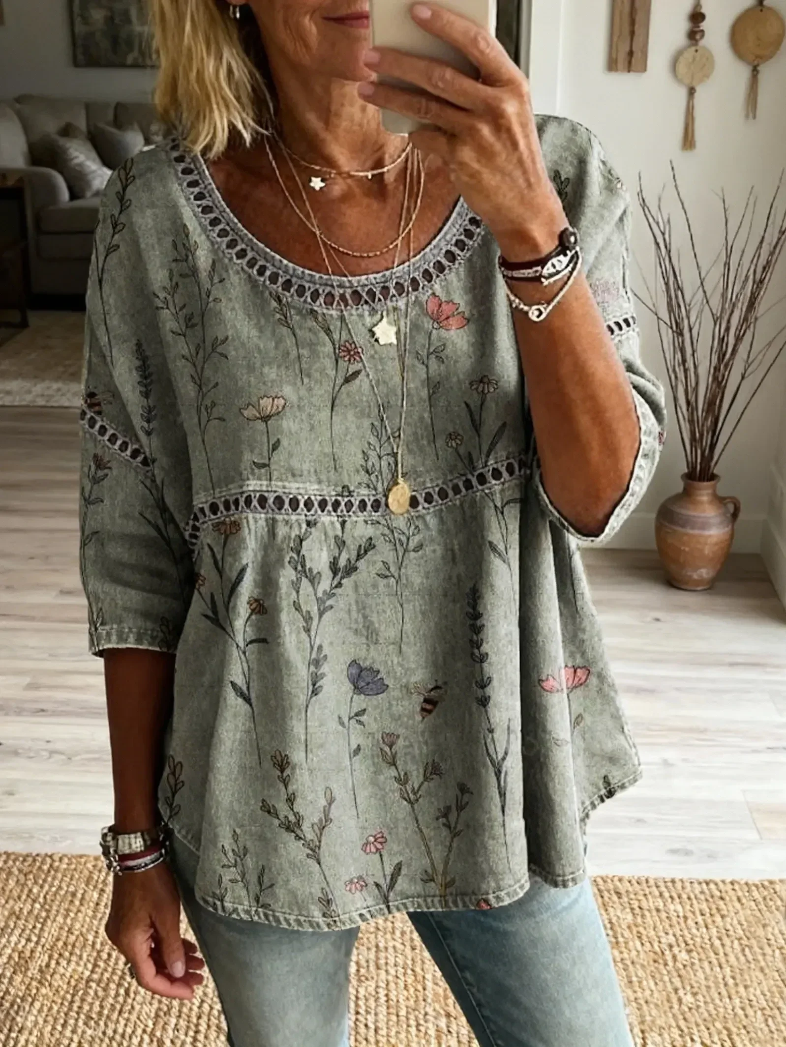 Women's Vintage Tshirt Simple Floral Art Print Casual Round Neck Cutout Top