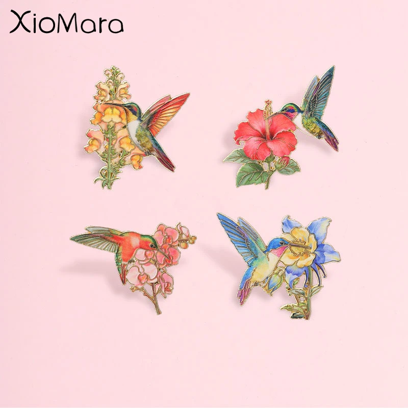 Colorful Hummingbird and Flower Badge, Vintage Floral Bird Enamel Pin, Fashion Accessory, Gift for Hummingbird and Flower Lovers