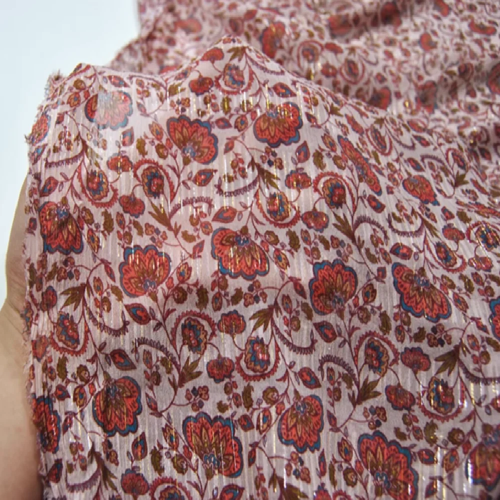 Best Quality Wine Red Shiny Gold Lurex Metallic Soft Silk Crinkle Fabirc Printed Flower for Lady Autumn Dress Shawl