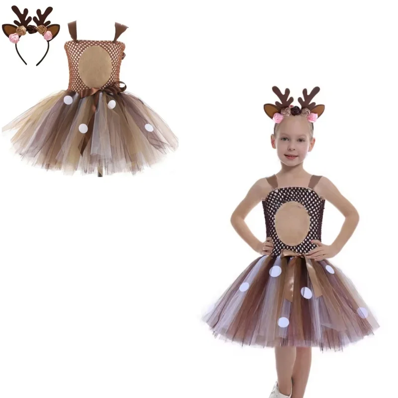 فستان Deer Tutu فساتين عيد الميلاد للفتيات مع عصابة رأس للأطفال في الهالوين زي طفلة الأميرة الأيائل الرنة للعام الجديد