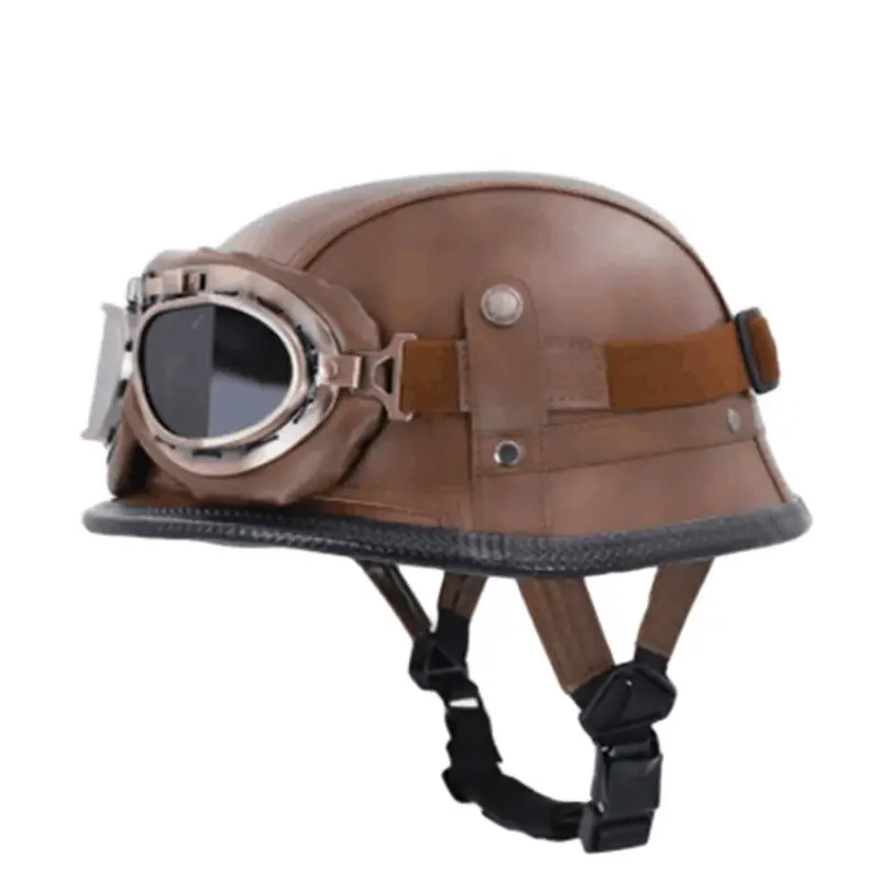 Brown Pu Leather Come With Goggles Motorcycle  Jet Vintage Helmet Open Face Retro 1/2 Half Casco Moto Capacete CE Ceryificate