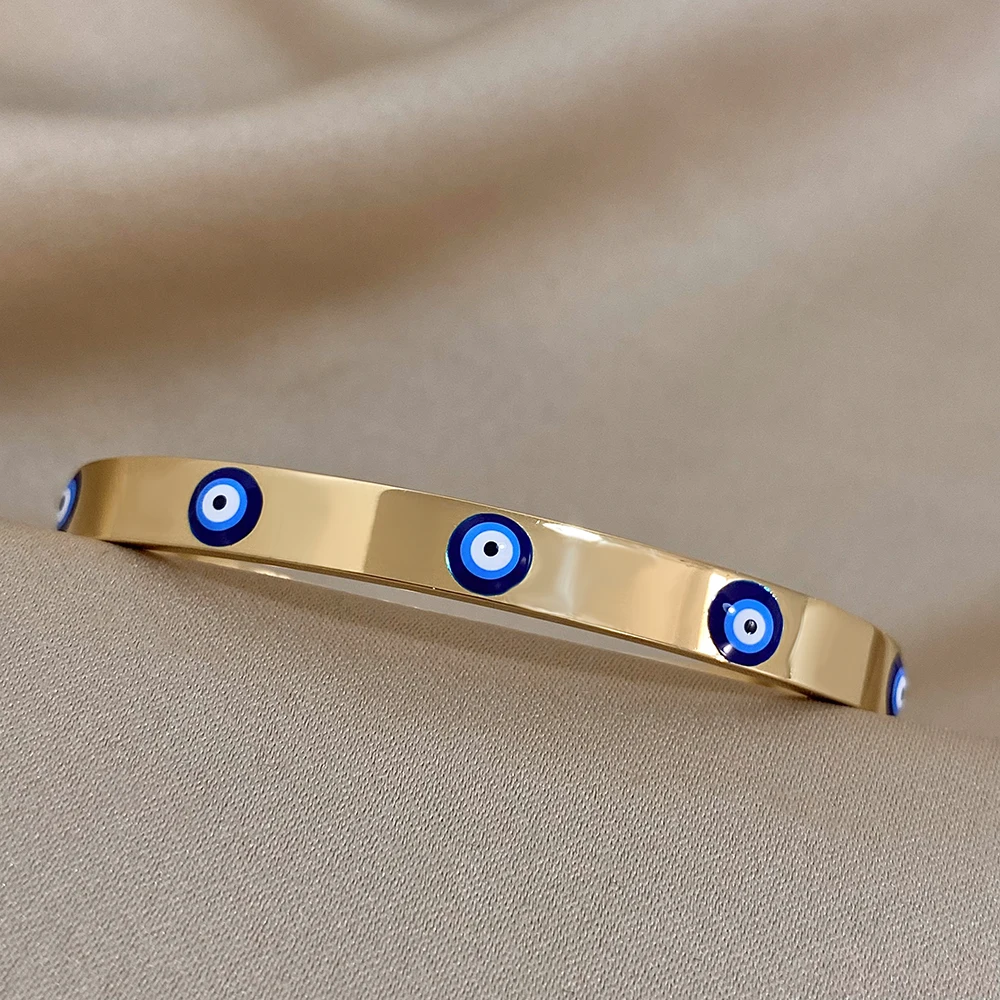 DODOHAO Boho Blue Enmale Evil Eye Stainless Steel Bangles Bracelets for Women Charm Simple Lucky Gold Plated Thin Chain Jewelry