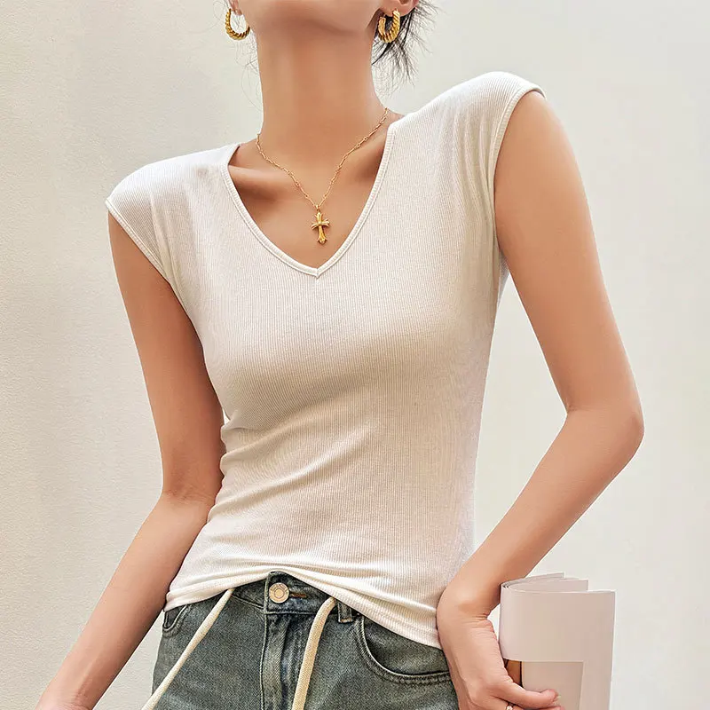 

T-shirt for Women 2025 Summer New V-neck Front Shoulder Slim Fit Slim and Hiding Secondary Breast Basic Temperament Top