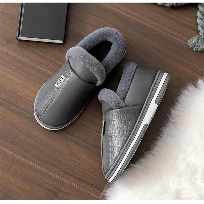 Women Men's PU Leather Slippers Indoor Waterproof Home Furry Male Couple Flat Female Couples Winter Slides Non Slip Shoes