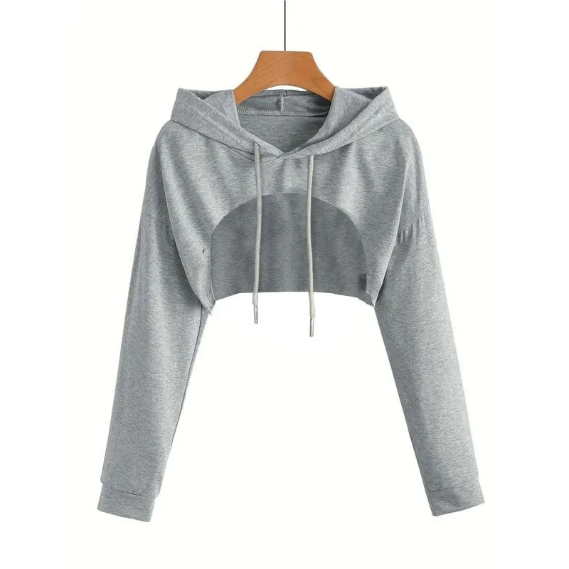 Basic effen crop-hoodie met trekkoord, hoge lage drop-shoulder, minimalistische casual trui met lange mouwen en capuchon voor lente en fa