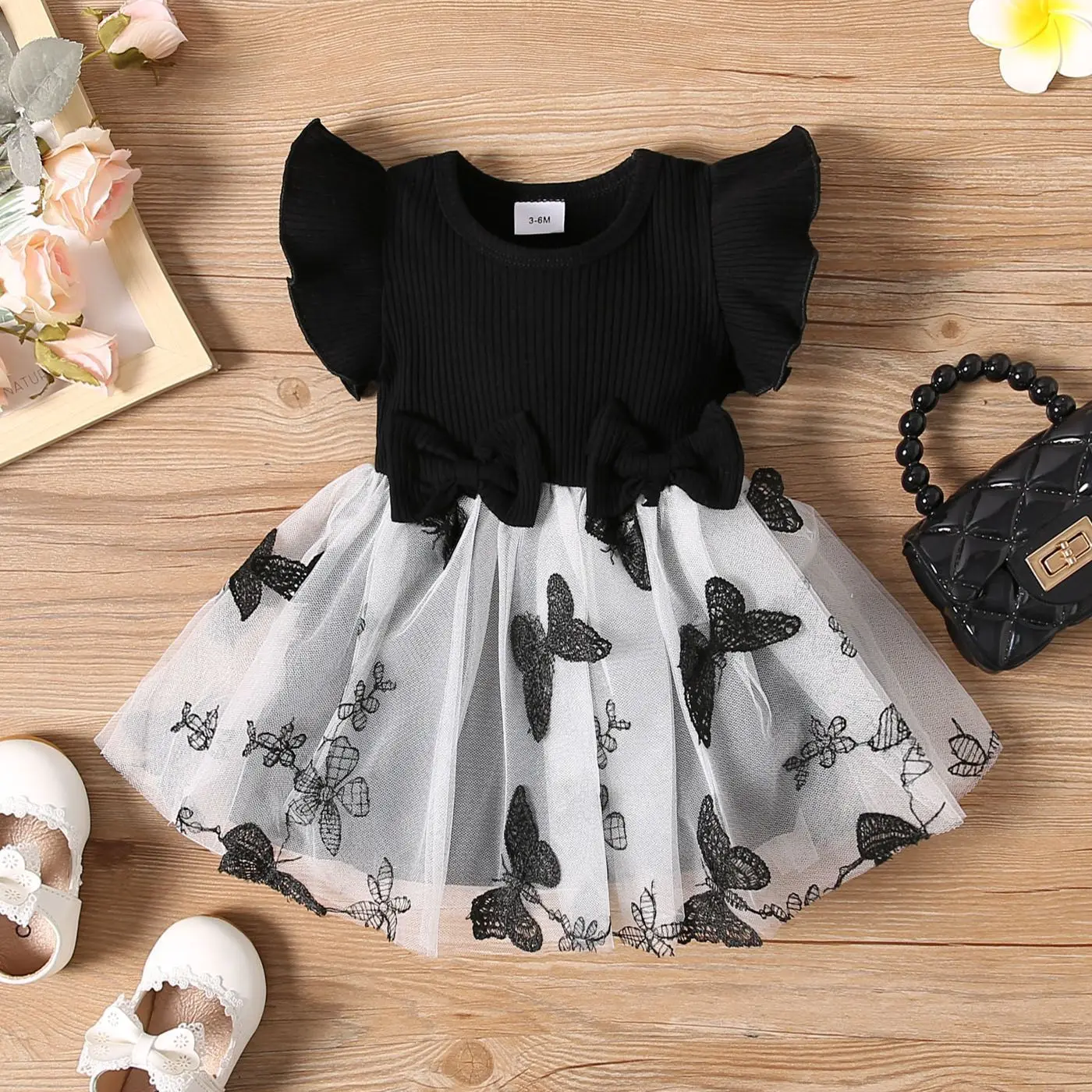 0-3 Years Old Summer New Baby Girl Round Neck Flying Sleeve Bow Design Stitched Mesh Fashion Casual Dress