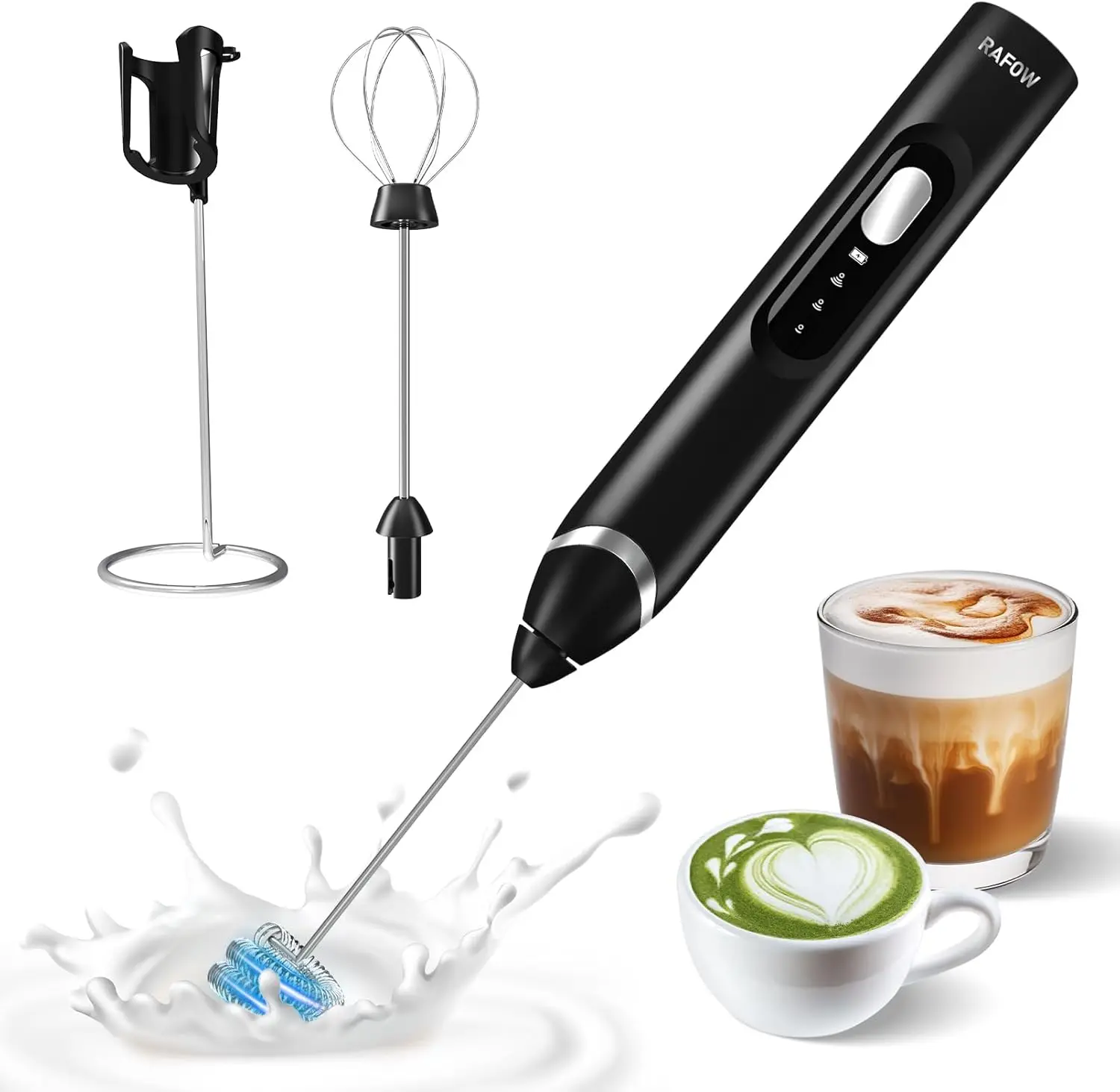 

Rechargeable Handheld Milk Frother with Stand, 3 Speeds & Detachable Whisks for Latte, Cappuccino, Matcha, Coffee - Black