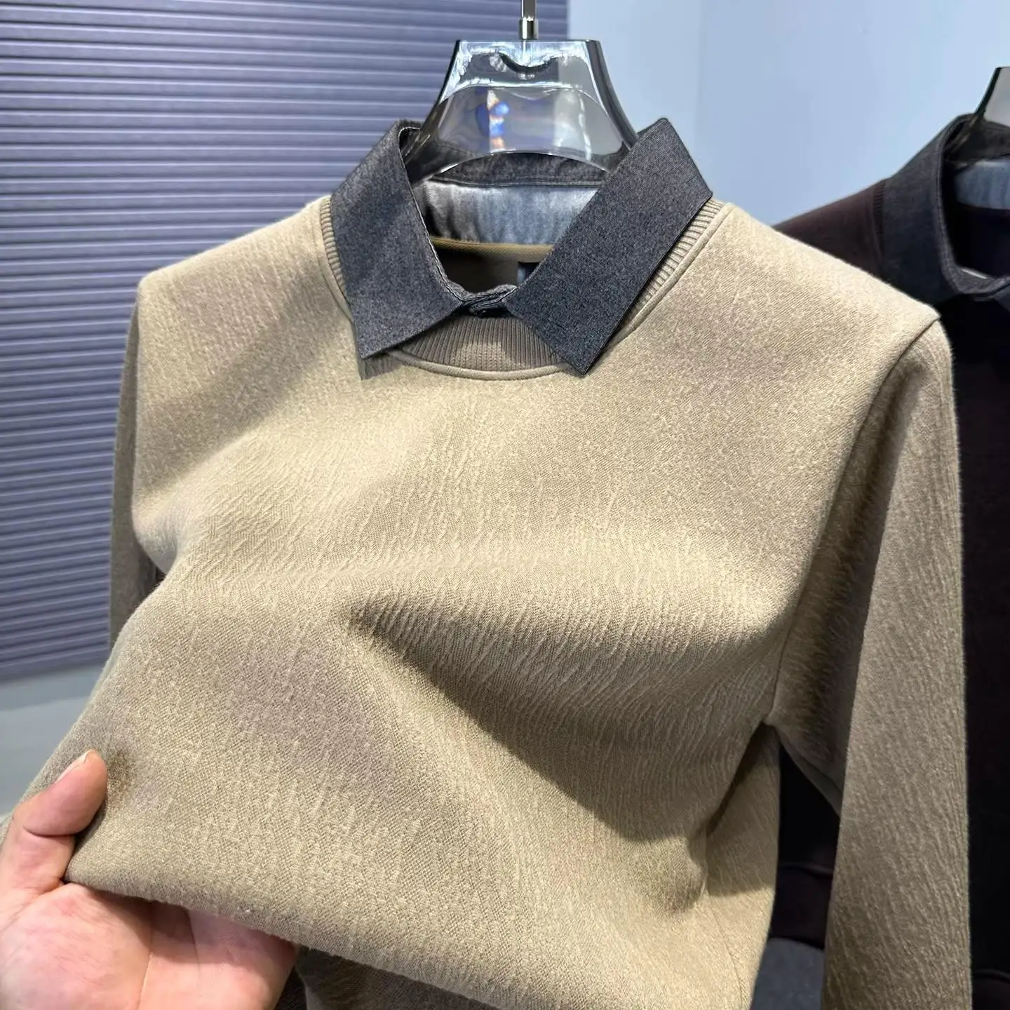 

Thiened irt Collar Sweater Men's Fce Lined Knitted Warmth Inner Wear Fake Two-Piece Casual Sle Long Sve Regular L...