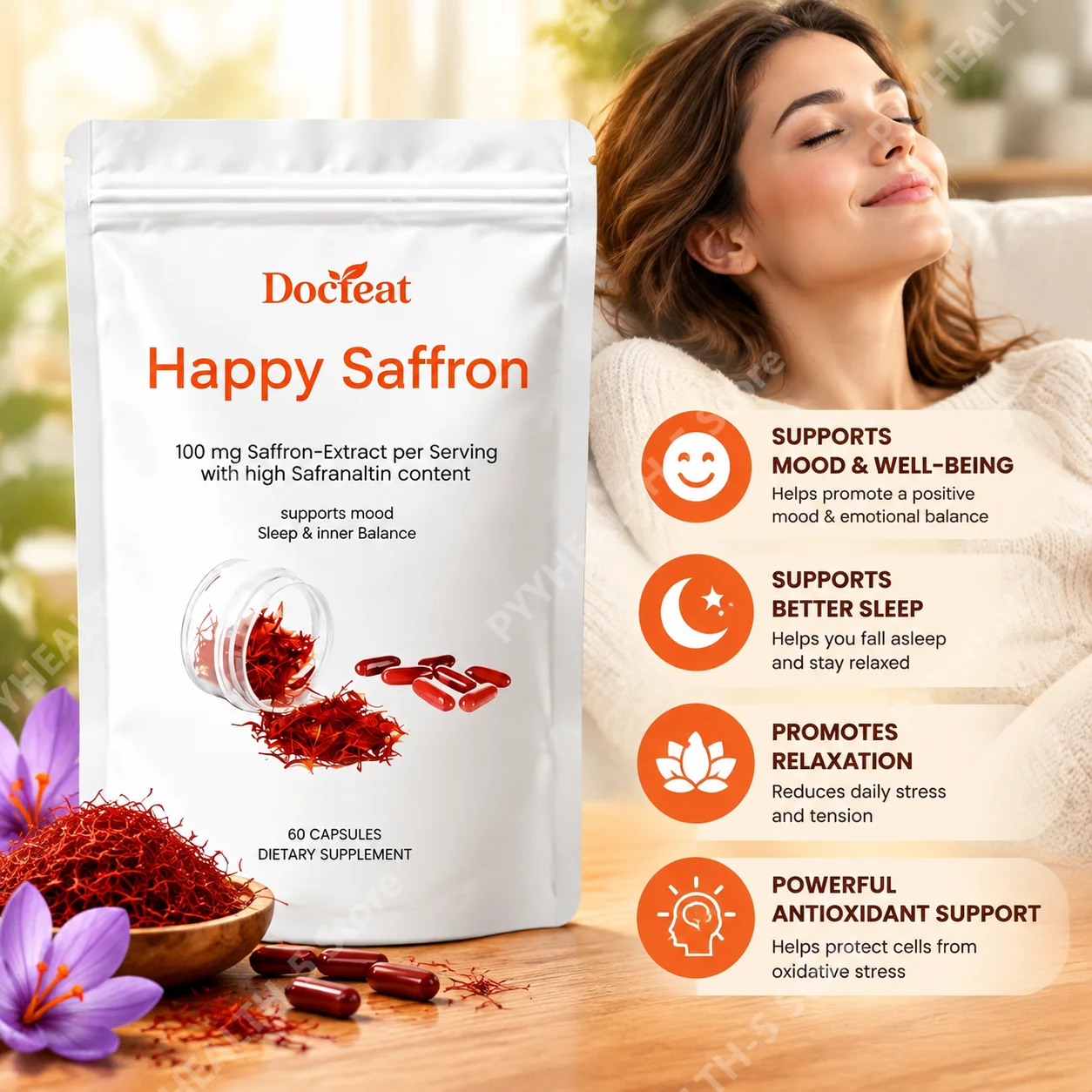 Saffron Extract Capsules for Mood Relaxation 100mg Per Serving High Safranal Saffron Raise Sleep Quality Stress Relief 60 Count
