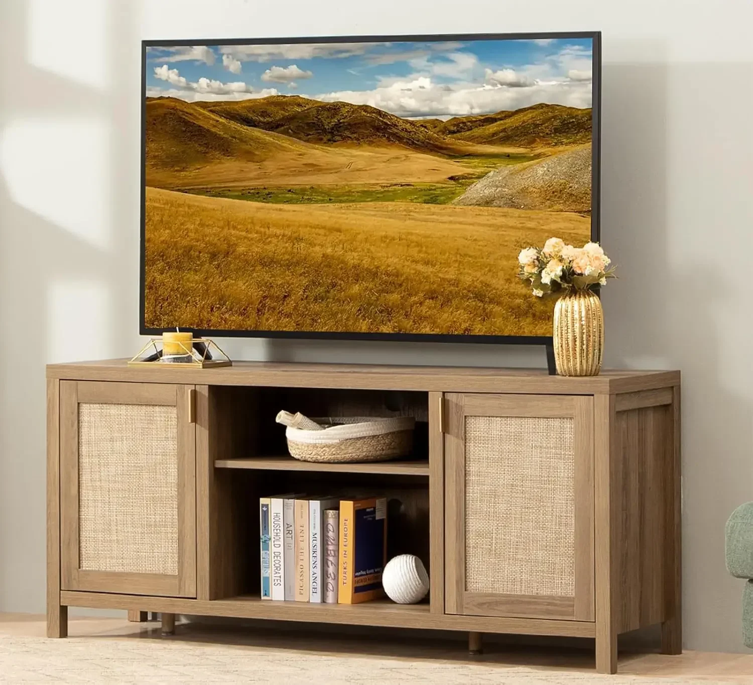 SICOTAS TV Stand for Living Room : Rattan TV Console Cabinet with Storage and Shelf, Boho Entertainment Center, 59