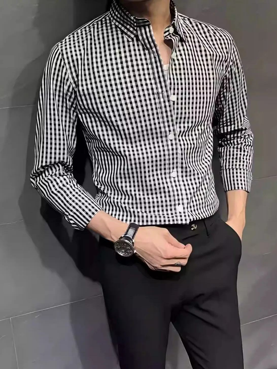 

Мужская рубашка Slim Fit с длинным рукавом, повседневная, в мелкую клетку, в корейском стиле, осенняя новинка, East Gate Inch