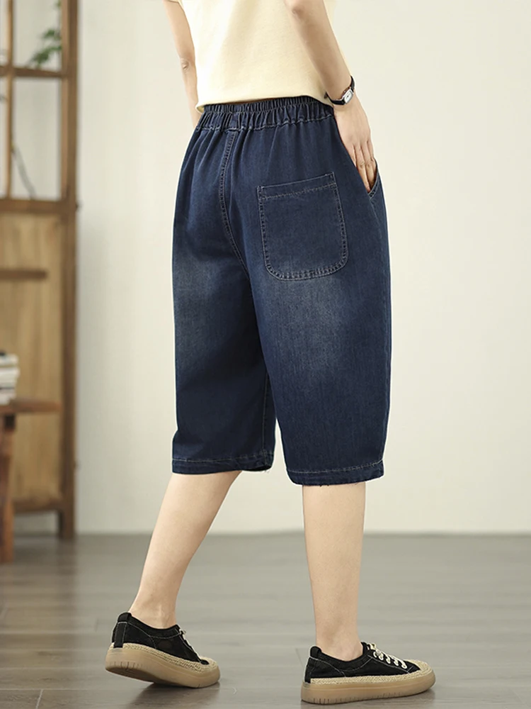 NYFS 2025 خمر المرأة فضفاضة حجم كبير الجينز مرونة الخصر طول الركبة الدنيم بنطال قصير موضة الصيف #2