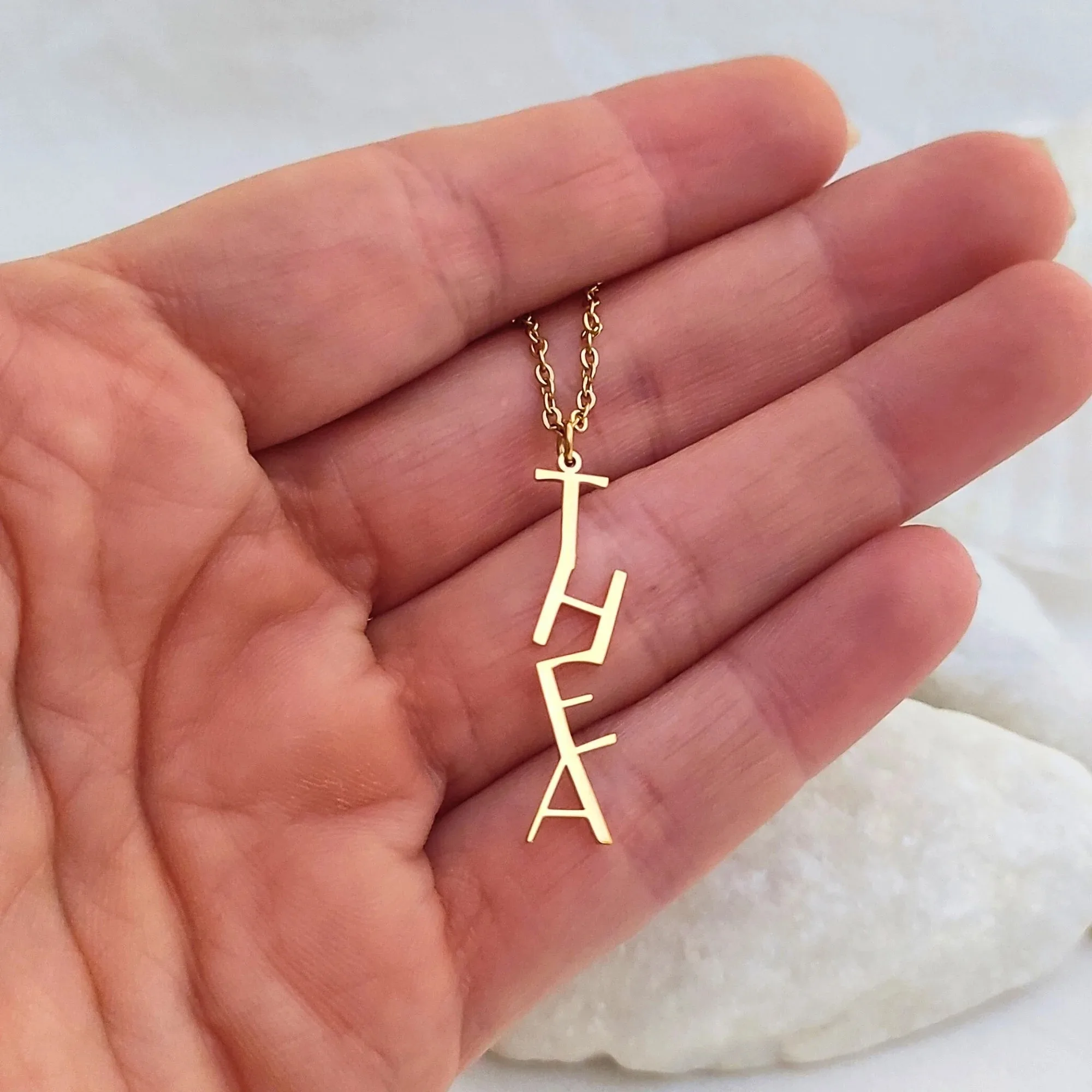 

Vertical Name Necklace Personalized Custom Dangle Nameplate Pendant Capital Letter Bar Charm Gift for Her Women 18K Gold Plated