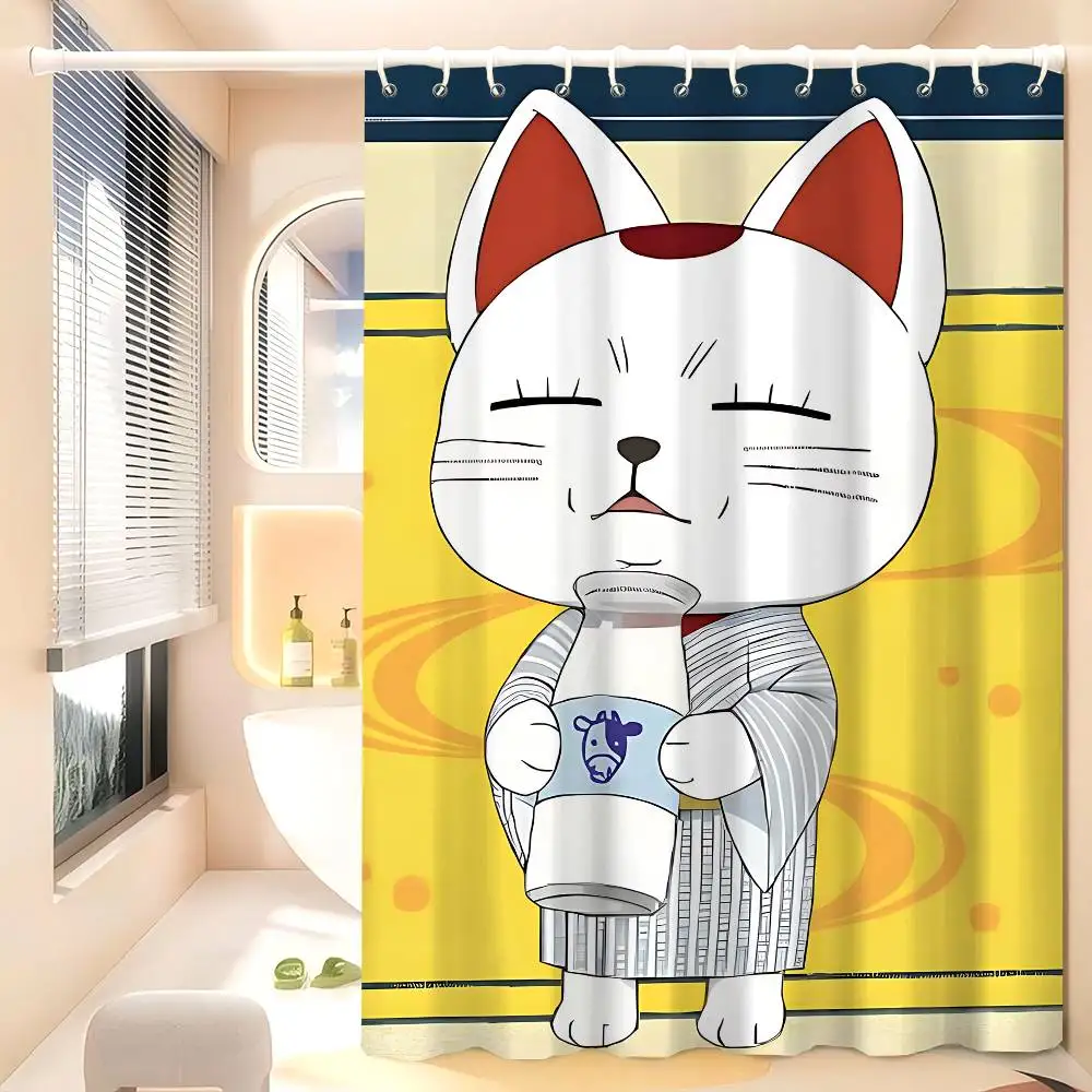 

"Cute Cartoon Cat in Bathrobe Holding Coffee Cup Shower Curtain for Kawaii Bathroom Decor and Home Decoration"
