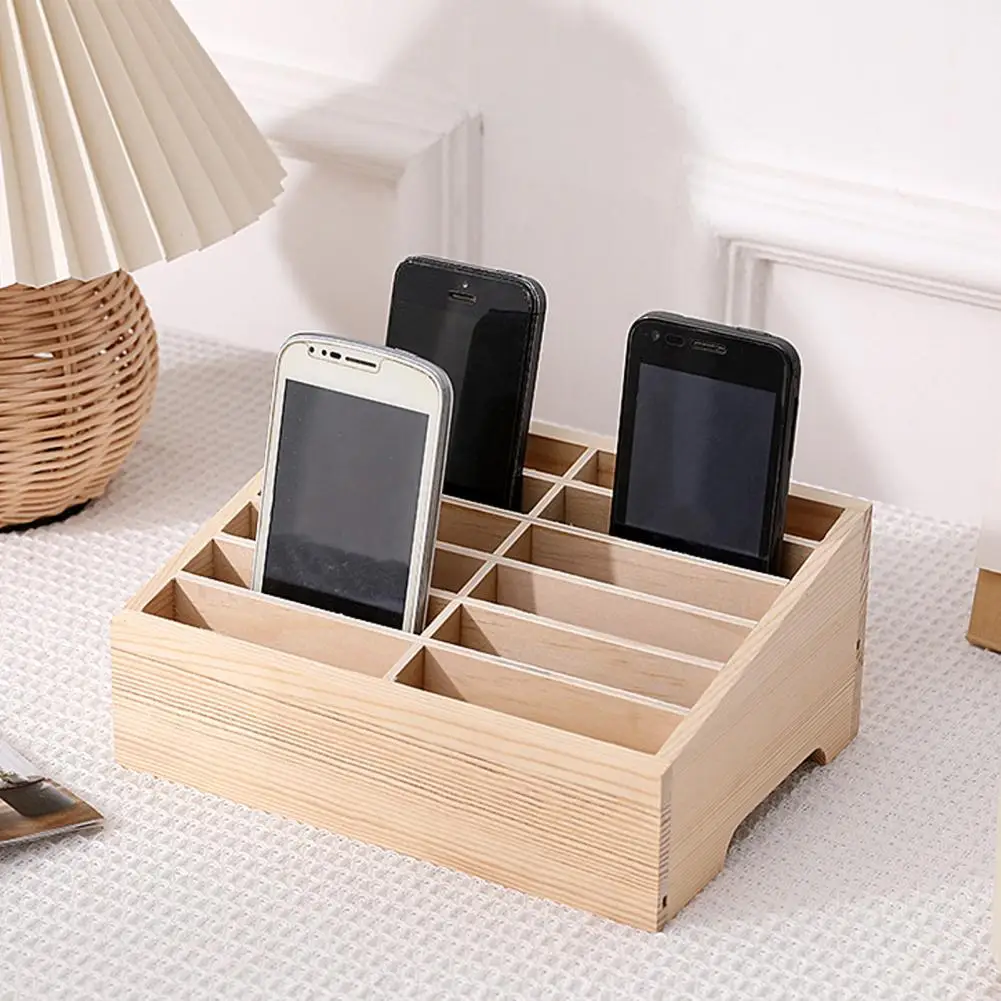 Compact Phone Stand 12/16 Grid Wooden Cell Phone Holder Eco-friendly Desktop Organizer Multifunctional Mobile Phone Calculator