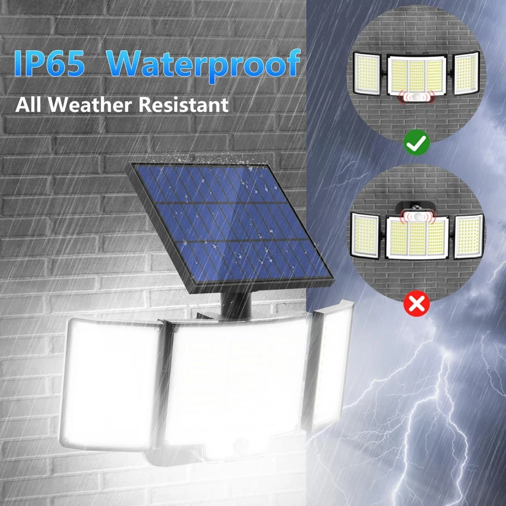 Sensor de movimento solar com sensor de luz externa IP65 à prova d'água holofote de 3 cabeças luz de segurança solar grande angular de 300 graus