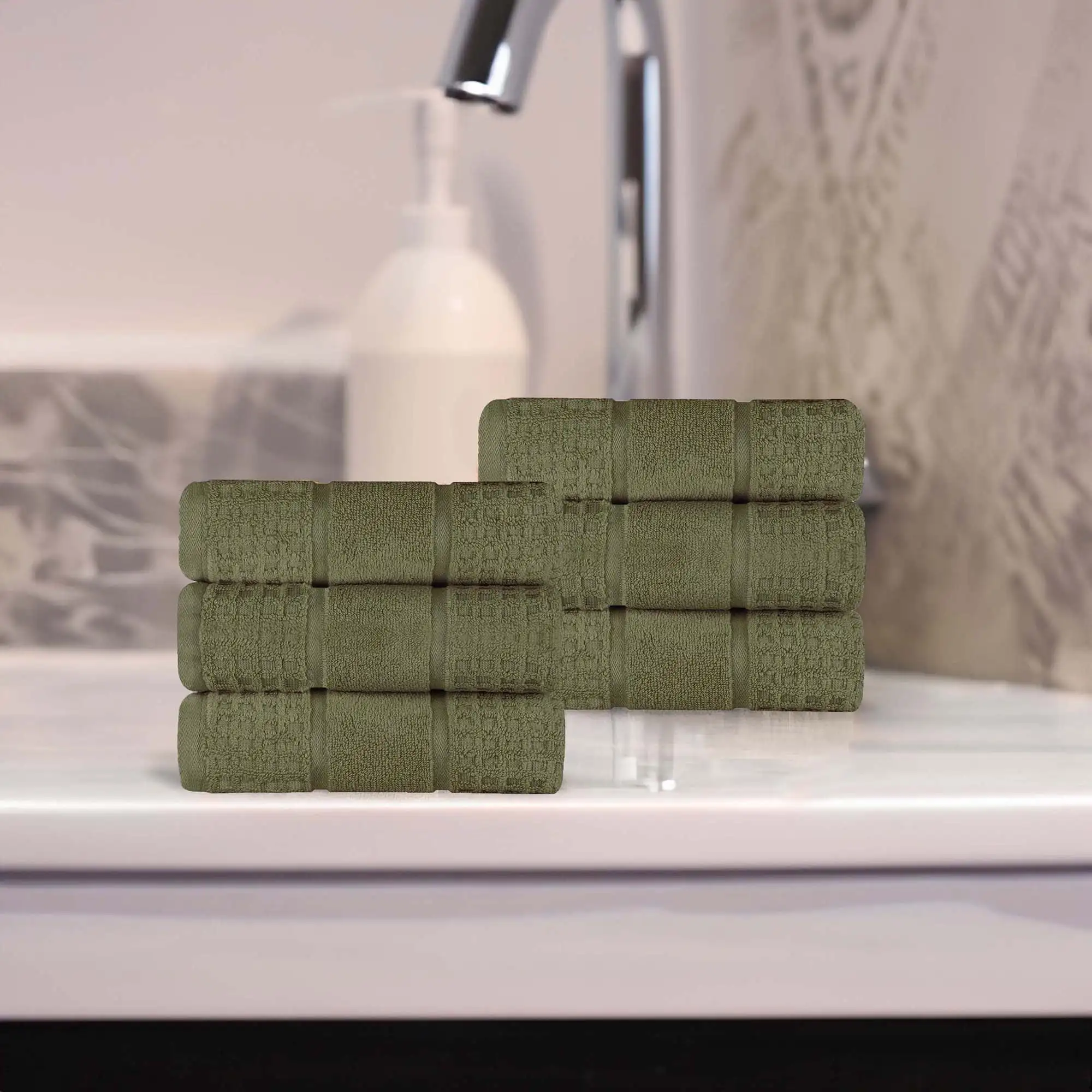 

Zero Twist Cotton Waffle Border Hand Towel Set of 6, Forest Green