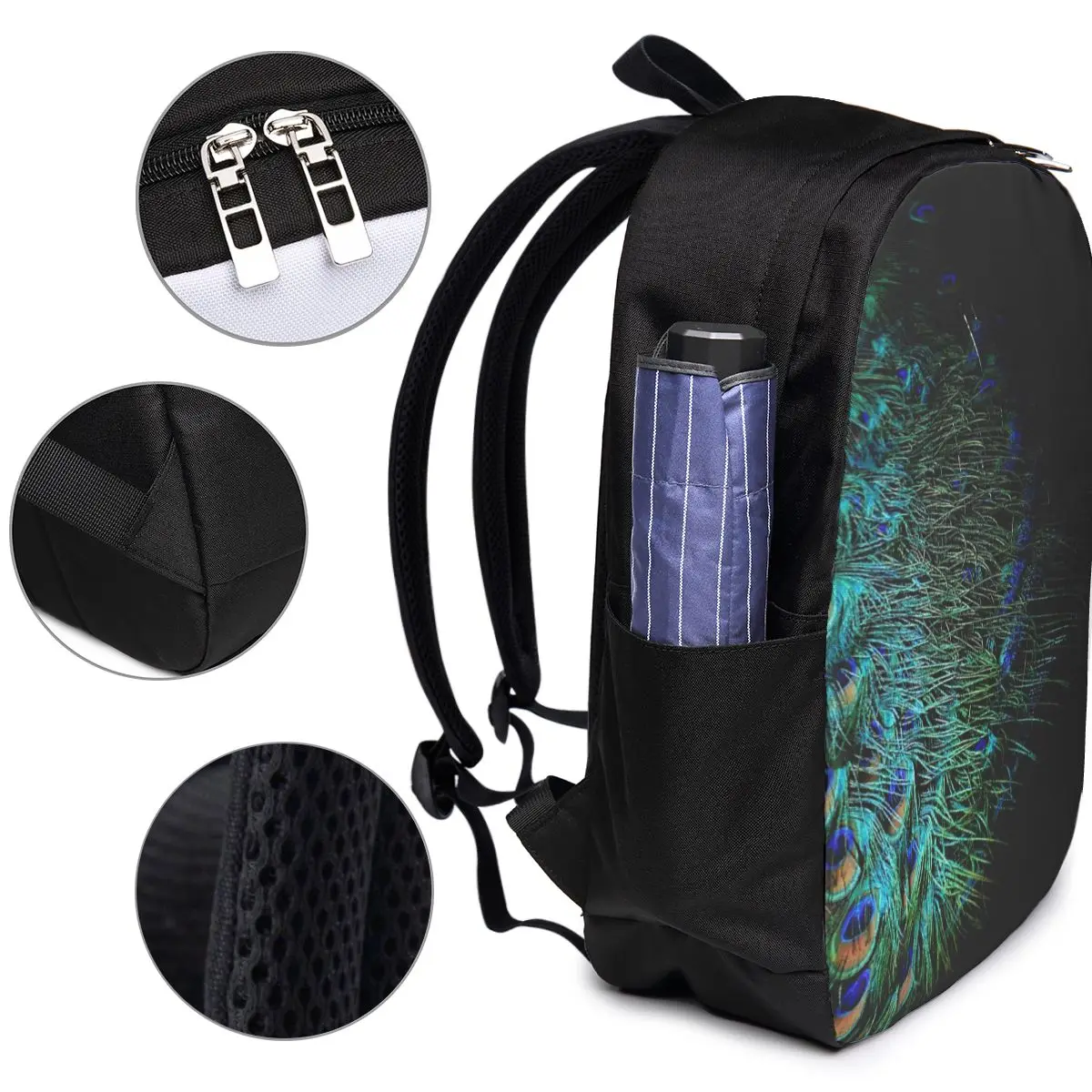 Peacock Feathers On A Black Background Backpack Travel Notebook Bag Computer College Student School Bag Laptop Shoulder Bags view 4