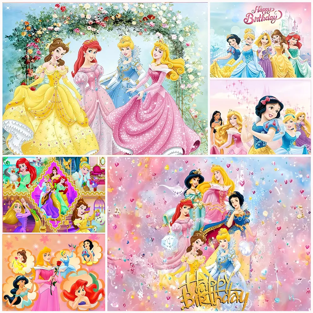 

Disney Princess Girls Birthday Party Decoraiton Backdrop Snow White Elsa Belle Princess Fary Tale Background Photography Props