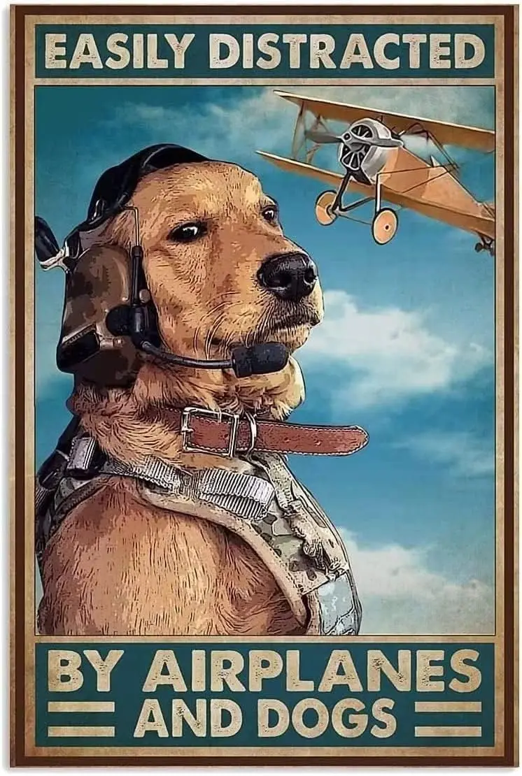 Metal Decorations For Outside Easily Distracted By Airplanes And Dog Sign Vintage Tin Signs Funny Signs Unique Home Decorations