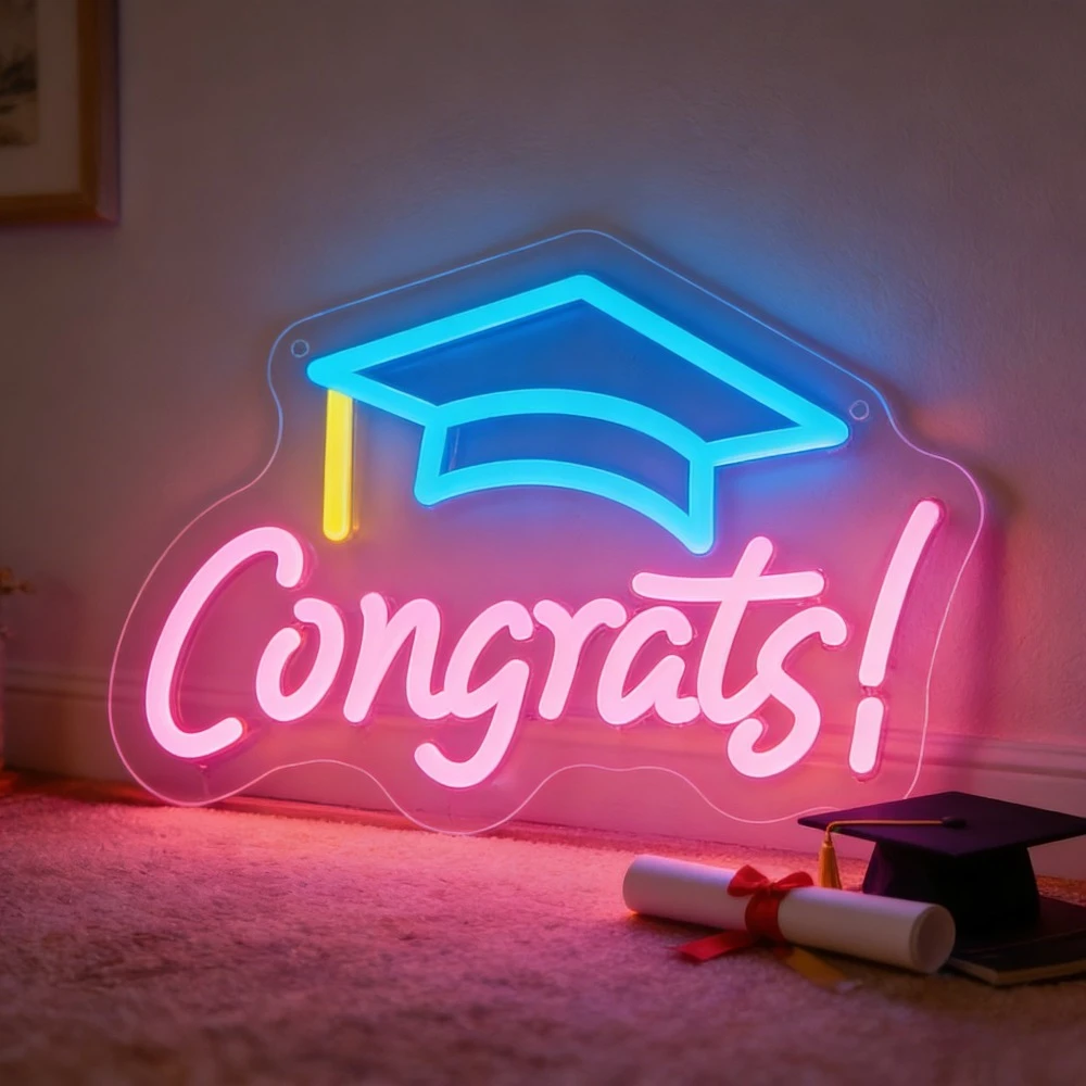 

Светодиодная неоновая вывеска CONGRATS с регулируемой яркостью в форме выпускной шапочки, светодиодный неоновый светильник для выпускной вечеринки, выпускников 2026 года, декор для дома, праздничный подарок