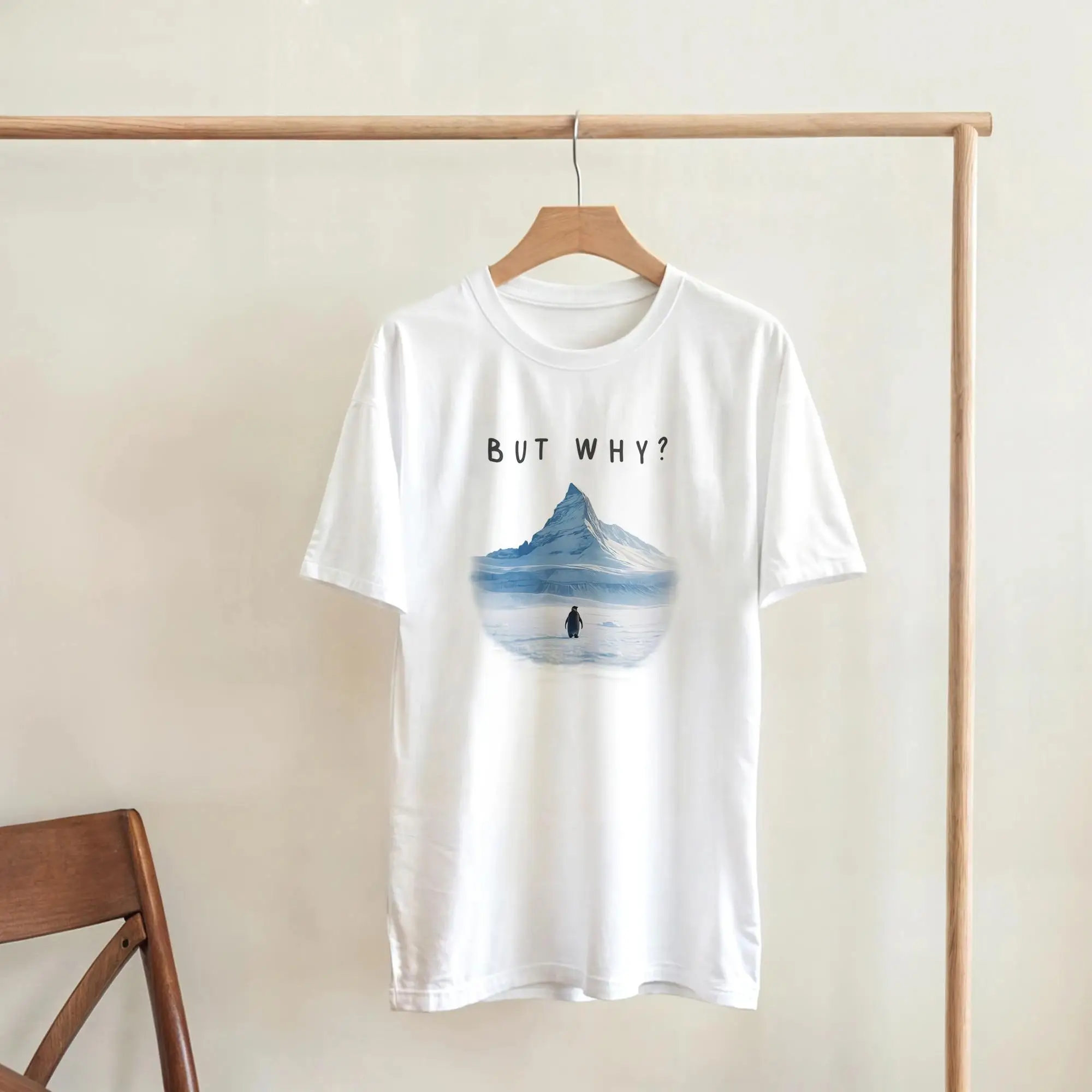 BUT WHY? Penguin T-Shirt – Minimalist Nihilism Shirt – Aesthetic Graphic Tee – Gift for Introverts & Overthinkers High-Quality