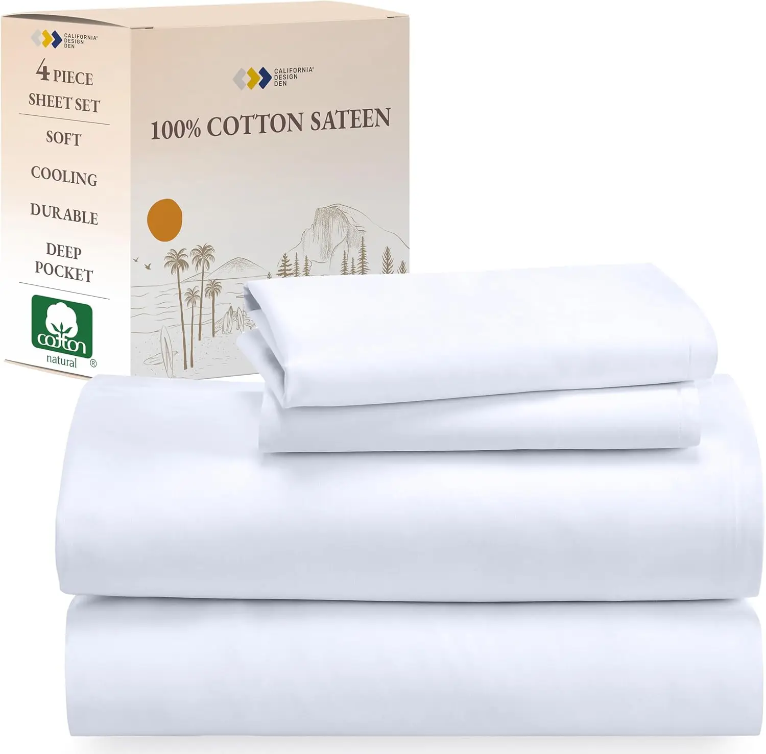 

Queen Sheet Set - Natural 100% Cotton Sheets Queen Size Bed Set With Deep Pockets, Soft Sateen Weave, Breathable, Cooling And