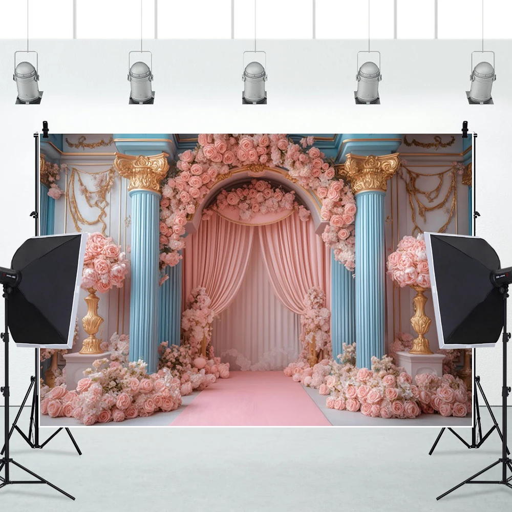 Palace Arch Photography Background Romantic Wedding Decoration Colorful Rose Curtain Backdrop Cloth Bride Portrait Photobooth