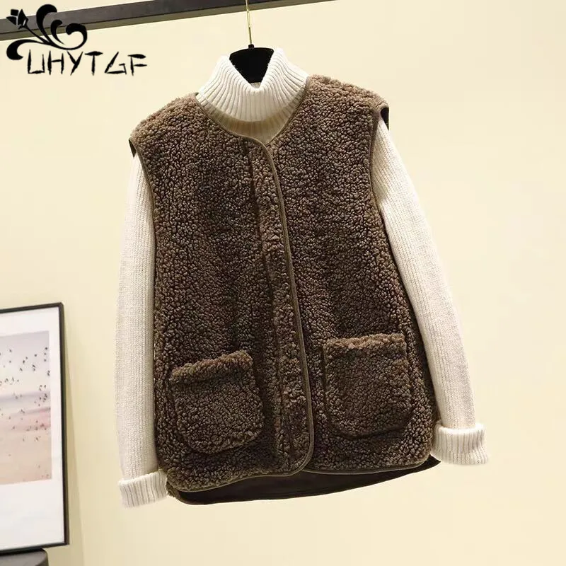 

UHYTGF Lamb Wool Autumn Winter Vest Jacket Women's Korean Fashion Sleeveless Coat Female Casual Warm Waistcoat Tops Ladies 272