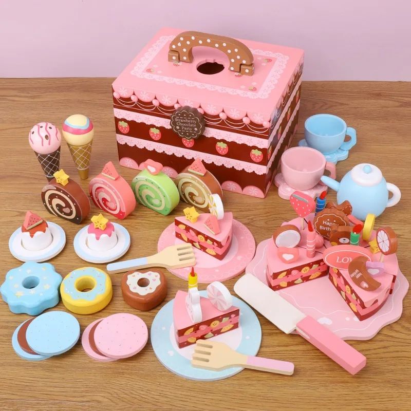 Children's Play House Portable Candy Dessert Cake Wooden Box Simulation Ice Cream Cut Pink Kitchen 3-12y Birthday Gift Girl Toy