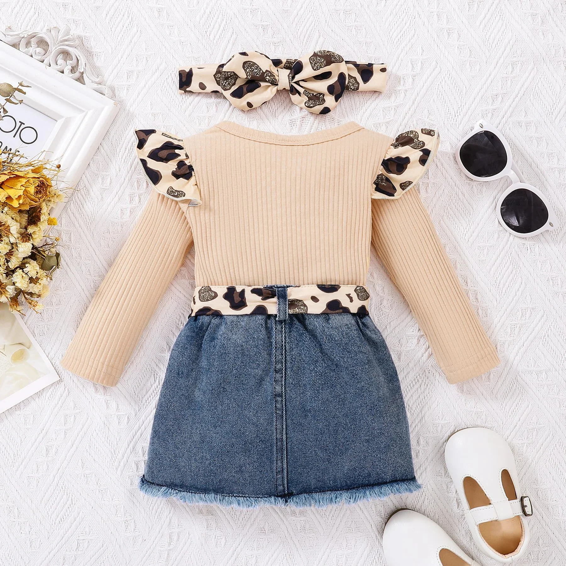 PatPat 3pcs Baby Girl 100% Cotton Leopard Print Belted Ripped Denim Skirt and Letter Print Rib Knit Long-sleeve Romper