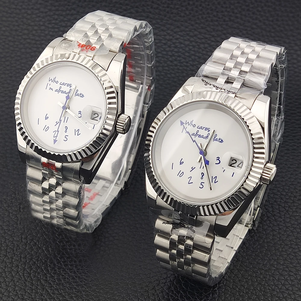 39 مللي متر/36 مللي متر nh35 ساعة من يهتمني بالفعل متأخر ساعة لا شعار الأزرق النص الهاتفي الياقوت كريستال زجاج NH35 الحركة التلقائية