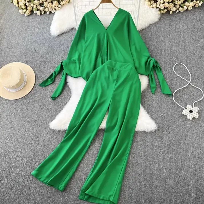 Bow tie decorative drape blouse set women drape wide leg pants sets