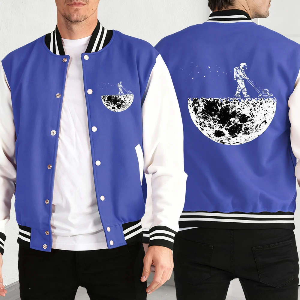 

Astronaut Mowing The Moon Print Jacket Men Street Fleece Baseball Jersey Fashion Casual Coat Autumn Loose Man Vintage Clothing